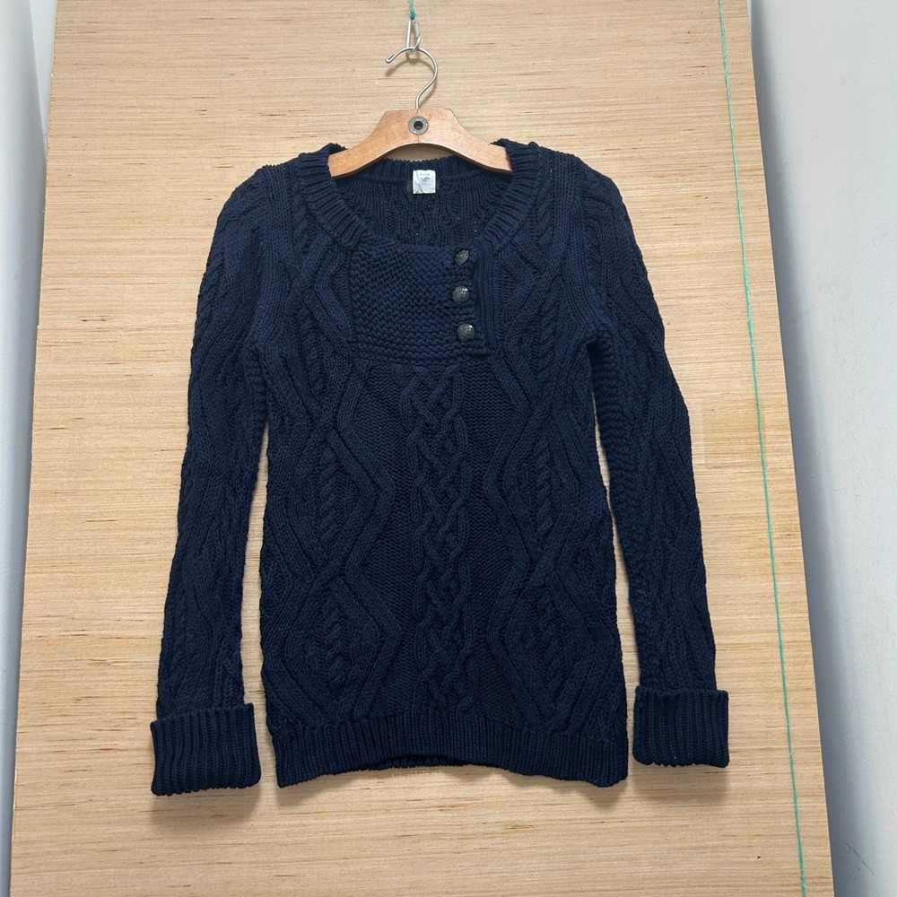 J.Crew Navy Blue Cable Knit Cotton Sweater Asymmetrical Button XS 48783